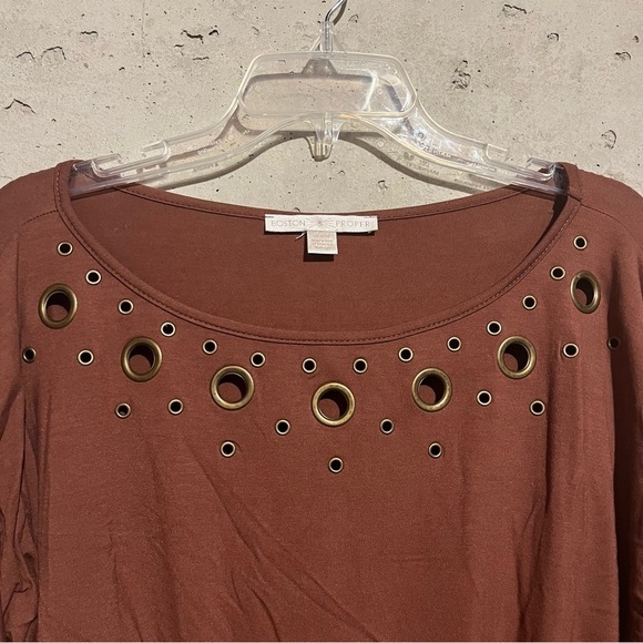 Boston Proper Top Size S Brown Ruched Blouson Elastic Waist Long Sleeves - Picture 2 of 9